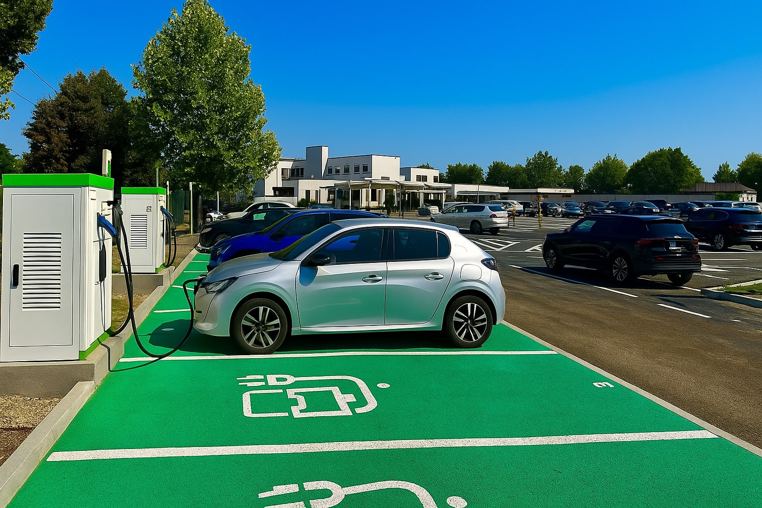 Mașini electrice și hibride în parcarea unui centru comercial din România Mașini electrice și hibride în parcarea unui centru comercial din România