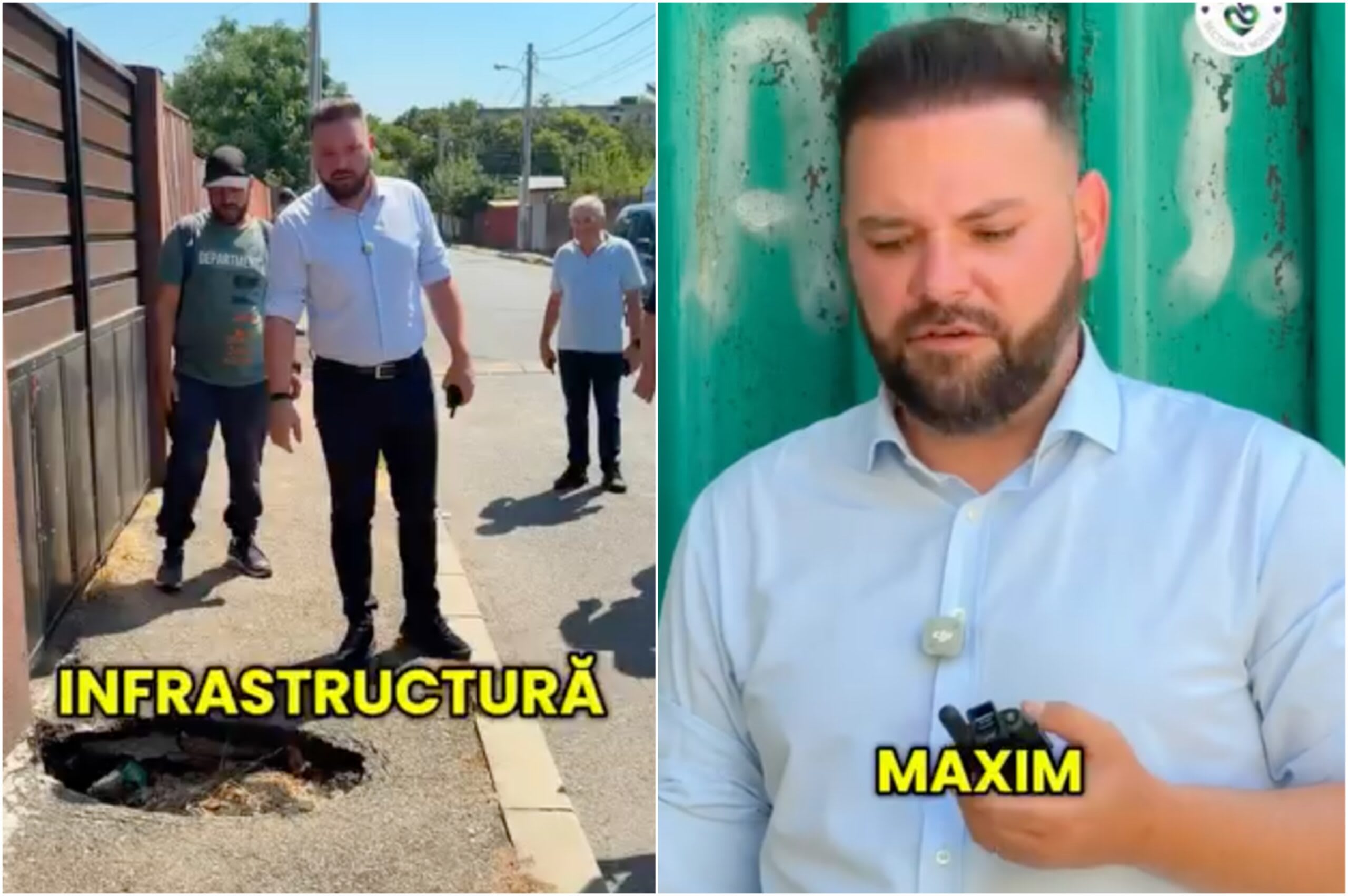 Primar Sector 5 verificând trotuarul deteriorat și groapa din asfalt Primar Sector 5 verificând trotuarul deteriorat și groapa din asfalt