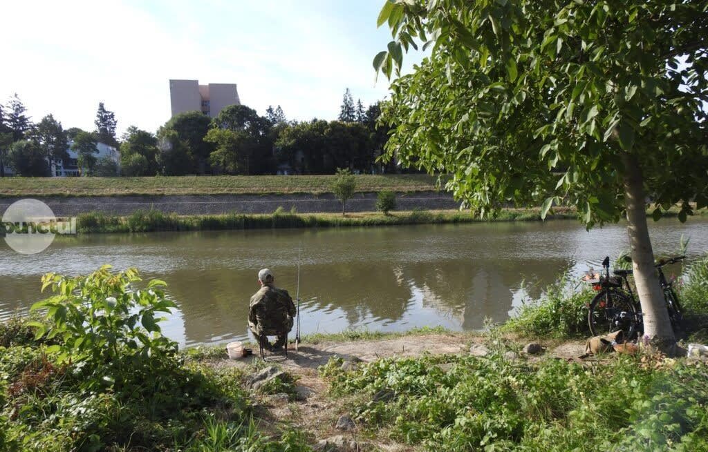 Pescar cu undița la râul Mureș în zona Târgu Mureș Pescar cu undița la râul Mureș în zona Târgu Mureș