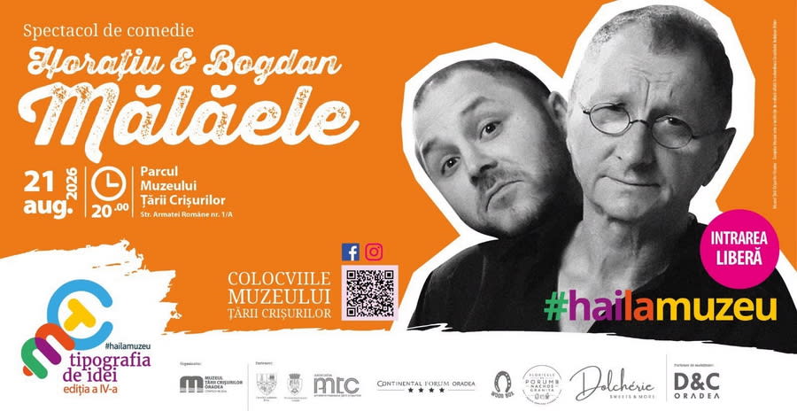 Actorii Horațiu și Bogdan Mălăele în scenă, în aer liber, în parcul Muzeului Țării Crișurilor din Oradea Actorii Horațiu și Bogdan Mălăele în scenă, în aer liber, în parcul Muzeului Țării Crișurilor din Oradea