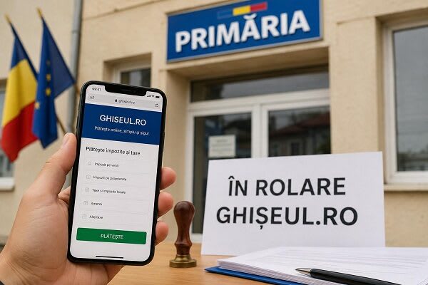 Primar semnând documente în fața băncii, în proces de înrolare în Ghișeul.ro Primar semnând documente în fața băncii, în proces de înrolare în Ghișeul.ro