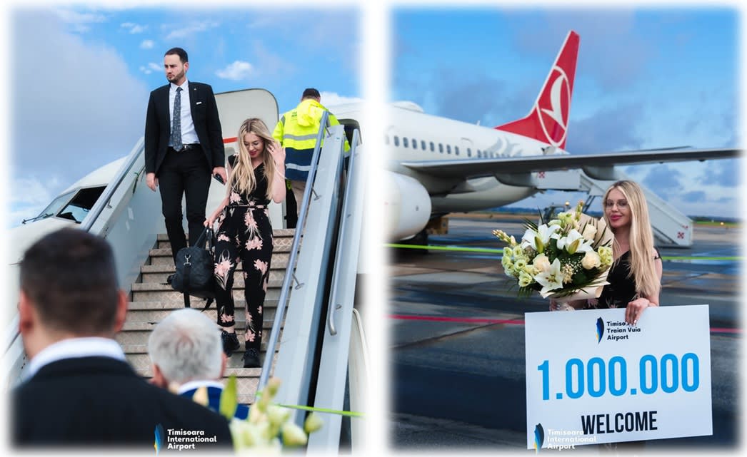 Tânără sosind pe Aeroportul Traian Vuia din Timișoara cu buchet de flori Tânără sosind pe Aeroportul Traian Vuia din Timișoara cu buchet de flori