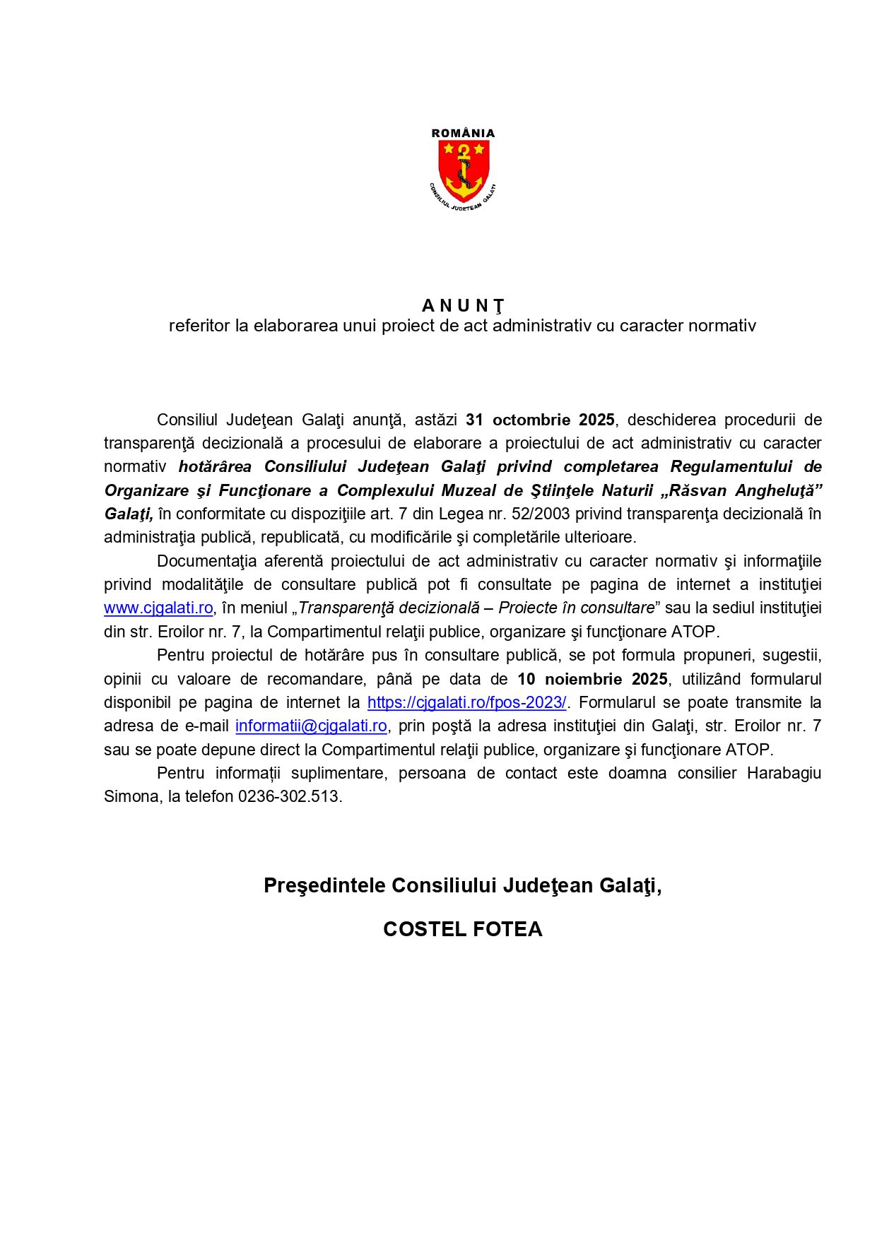 Consiliul Județean Galați a anunțat deschiderea consultării publice pentru proiectul de act normativ privind taxele și tarifele 2026