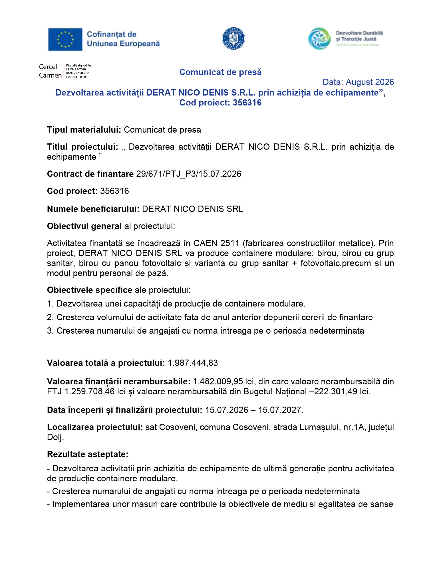 DERAT NICO DENIS S.R.L. își dezvoltă activitatea prin achiziția de echipamente moderne