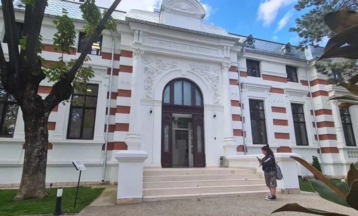 Artistul George Stanciu în atelierul său, pictând în fața unei lucrări colorate Artistul George Stanciu în atelierul său, pictând în fața unei lucrări colorate