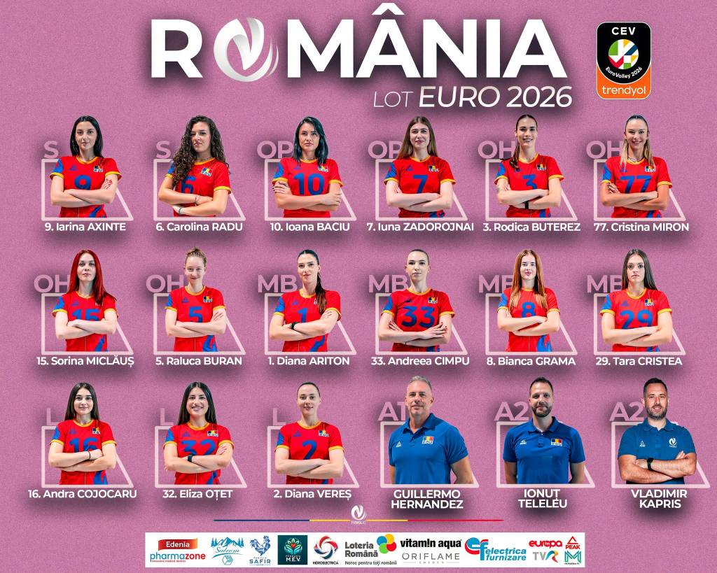 Jucătoare de volei în acțiune pe teren, echipament oficial, în timpul unui meci internațional Jucătoare de volei în acțiune pe teren, echipament oficial, în timpul unui meci internațional