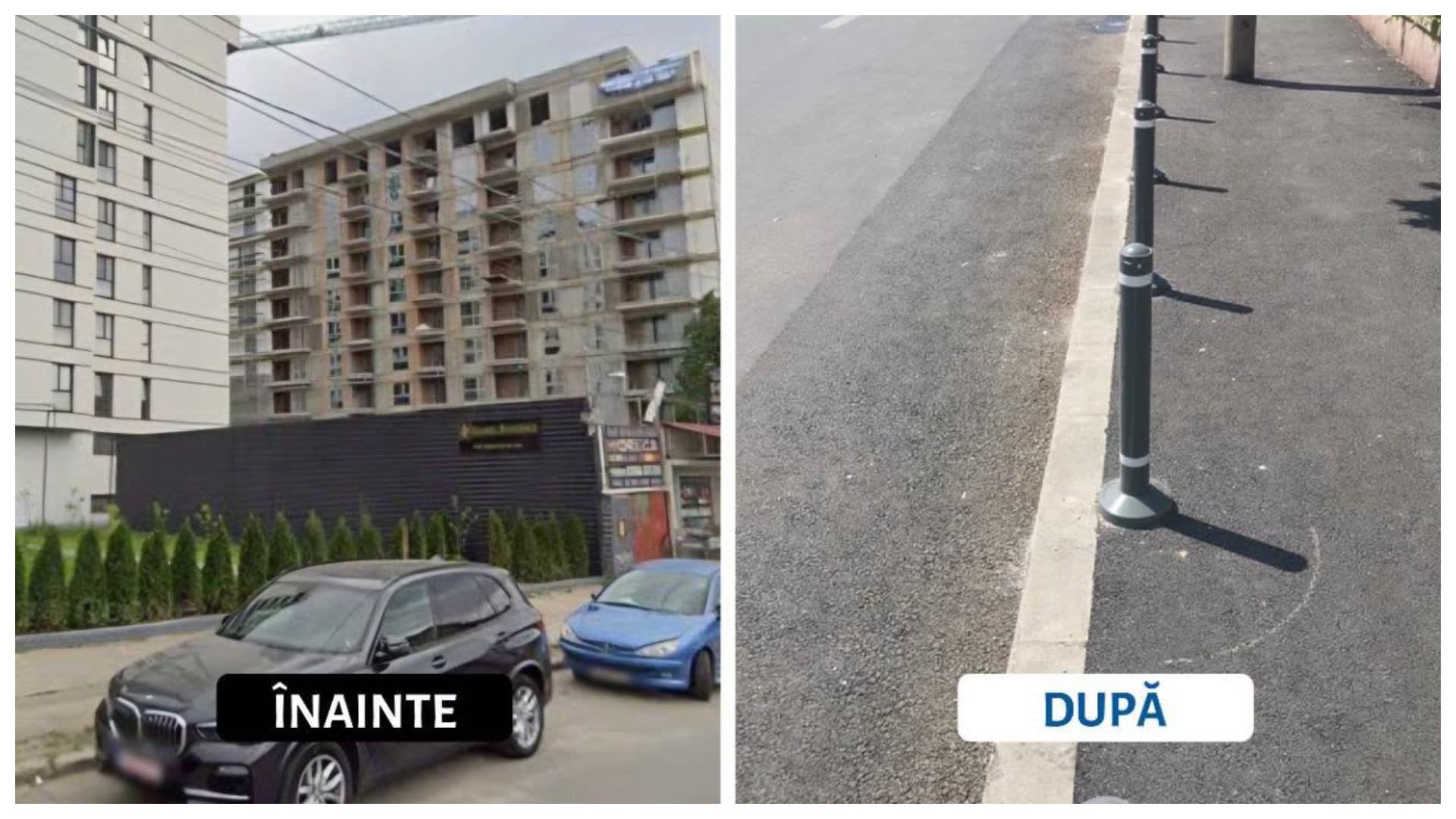 Stâlpișori metalici montați pe trotuar în București Stâlpișori metalici montați pe trotuar în București