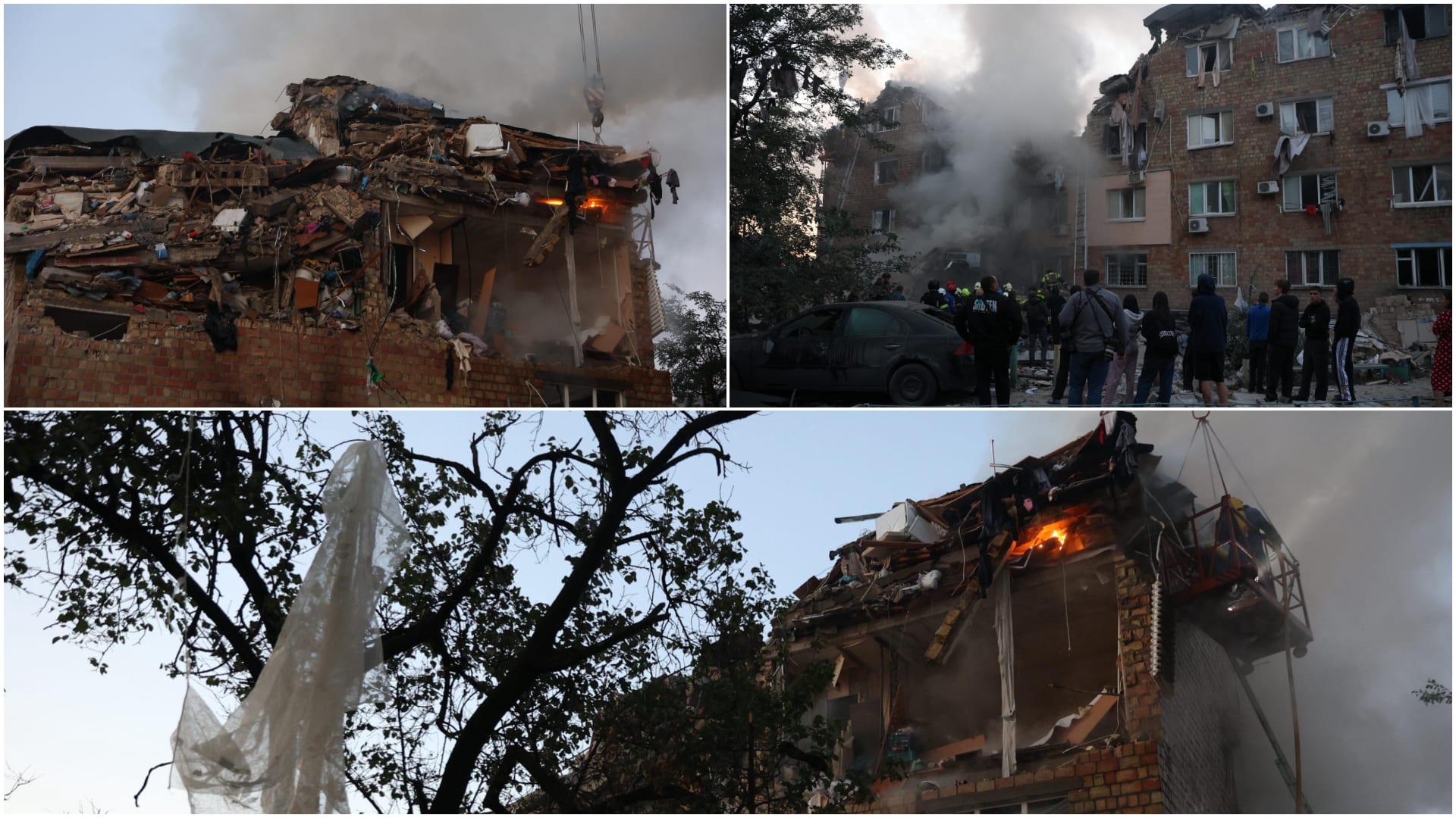 Clădire afectată de atac cu rachete în Kiev, incendiu și echipe de intervenție Clădire afectată de atac cu rachete în Kiev, incendiu și echipe de intervenție