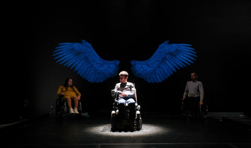 Actori profesioniști și persoane cu dizabilități pe scenă în spectacolul «Nicio pastilă magică»