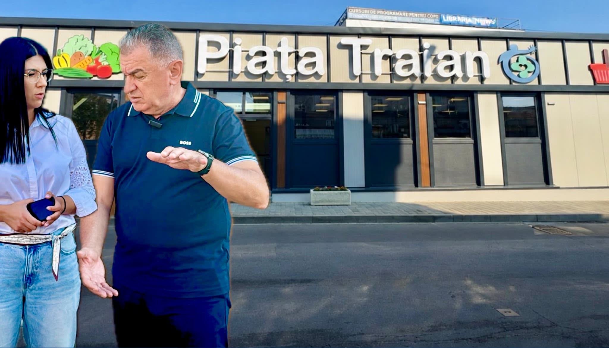 Reprezentare modernă a pieței Traian din Pitești cu comercianți și vizitatori Reprezentare modernă a pieței Traian din Pitești cu comercianți și vizitatori