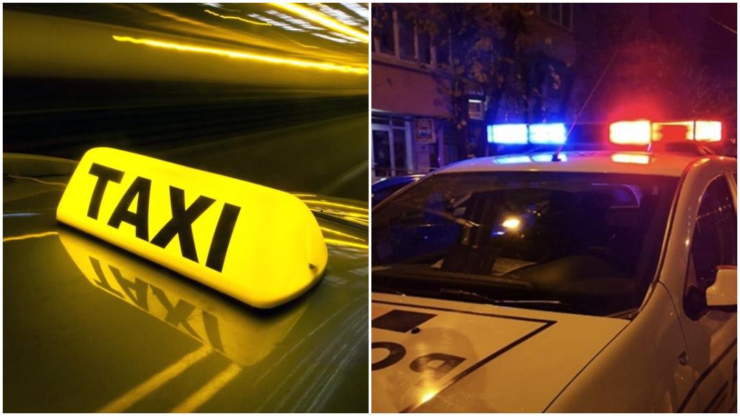 Persoană pe plafonul unui taxi circulând în Focșani Persoană pe plafonul unui taxi circulând în Focșani