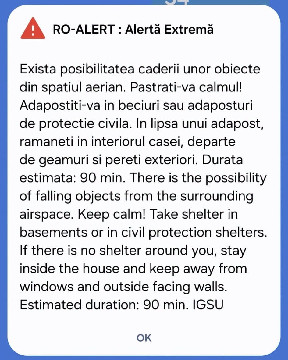 Alertă RO-ALERT în Galați și Tulcea privind obiecte din spațiul aerian Alertă RO-ALERT în Galați și Tulcea privind obiecte din spațiul aerian