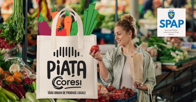 Teren de piață cu tarabe pline de produse locale în Brașov Teren de piață cu tarabe pline de produse locale în Brașov