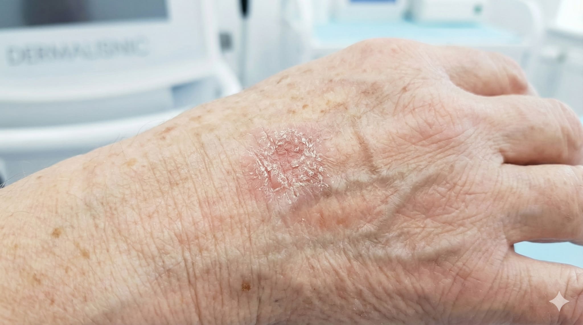 Medicul dermatolog verificând pielea pacientului în cabinet