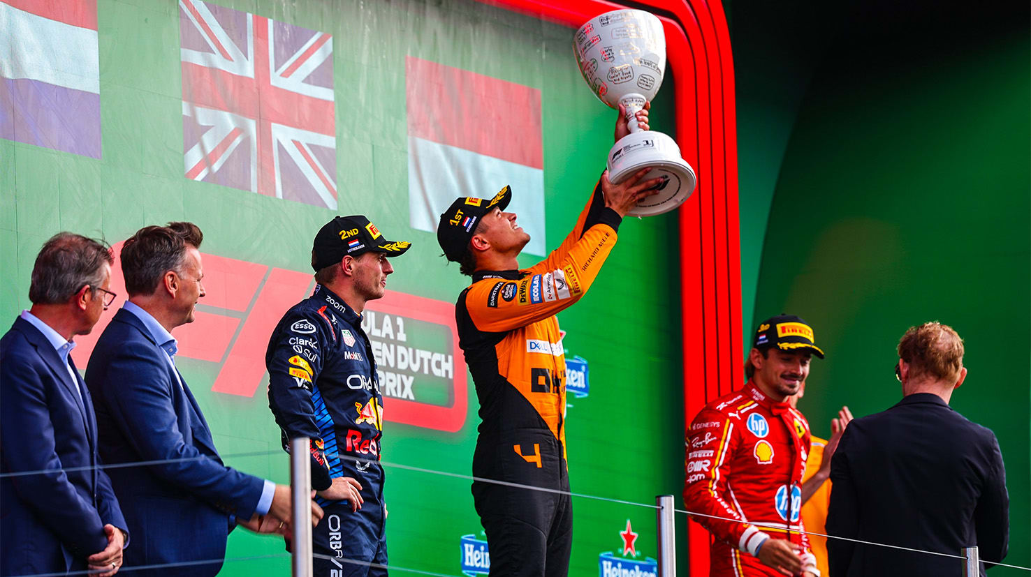 Lando Norris câștigând Marele Premiu al Olandei pe circuitul de la Zandvoort
