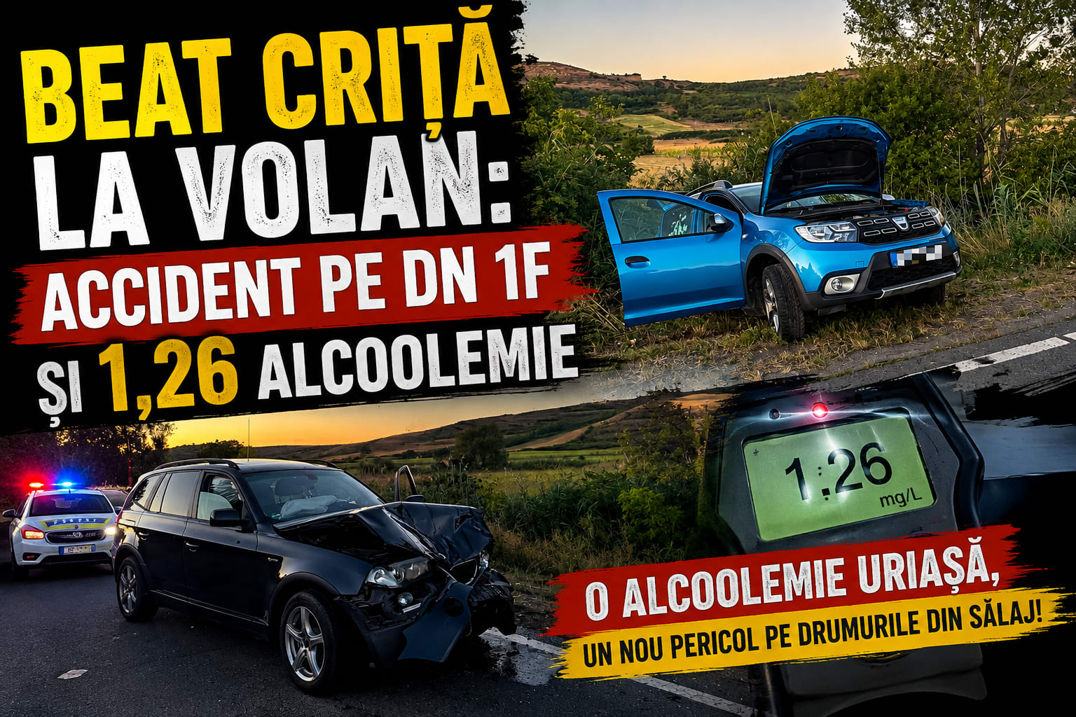 Un șofer beat a provocat accident pe DN 1F în Zalău, cu alcoolemie de 1,26 mg/l