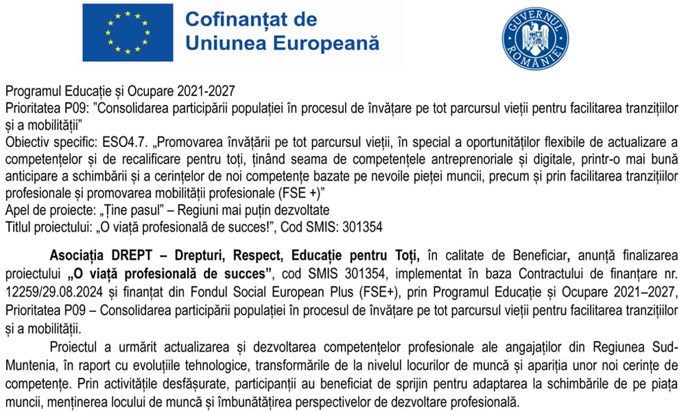 Asociația DREPT finalizează proiectul „O viață profesională de succes” în Dâmbovița