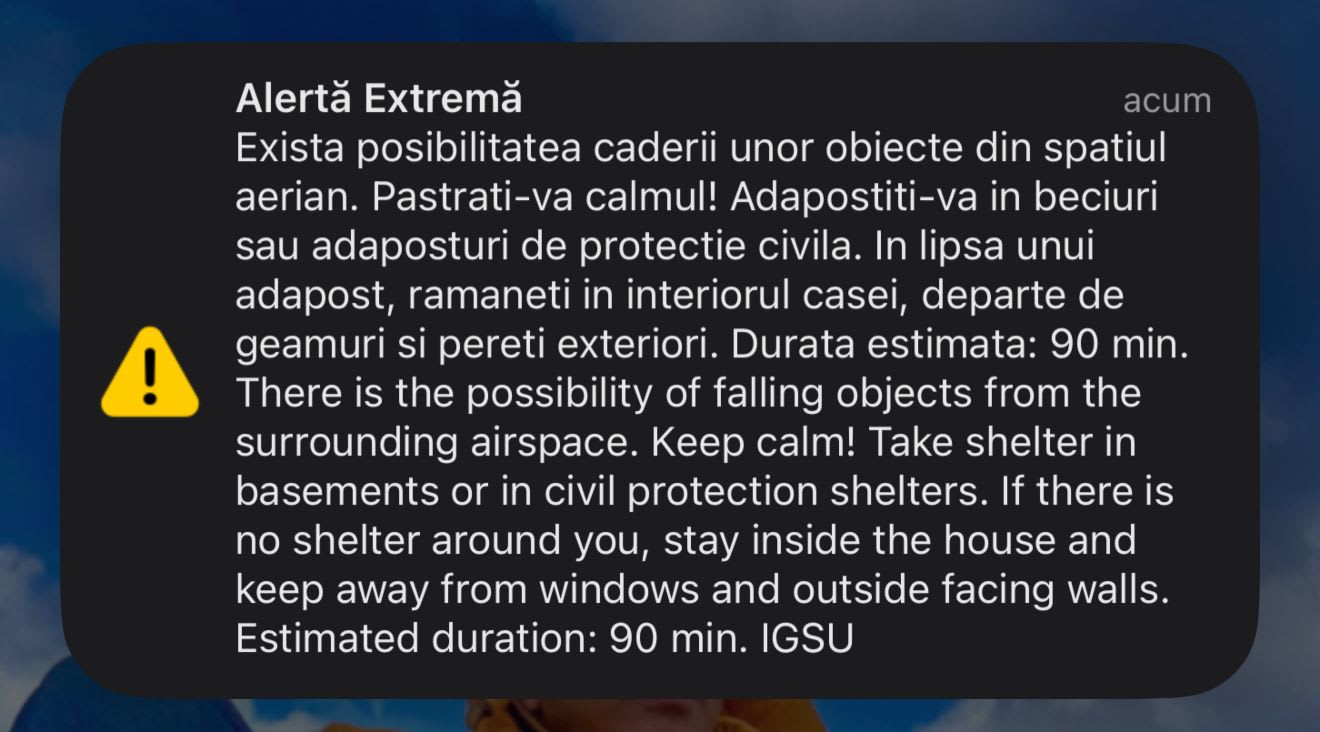 Al treilea mesaj RO-Alert în nordul județului Tulcea, avertizând asupra căderii obiectelor din spațiul aerian