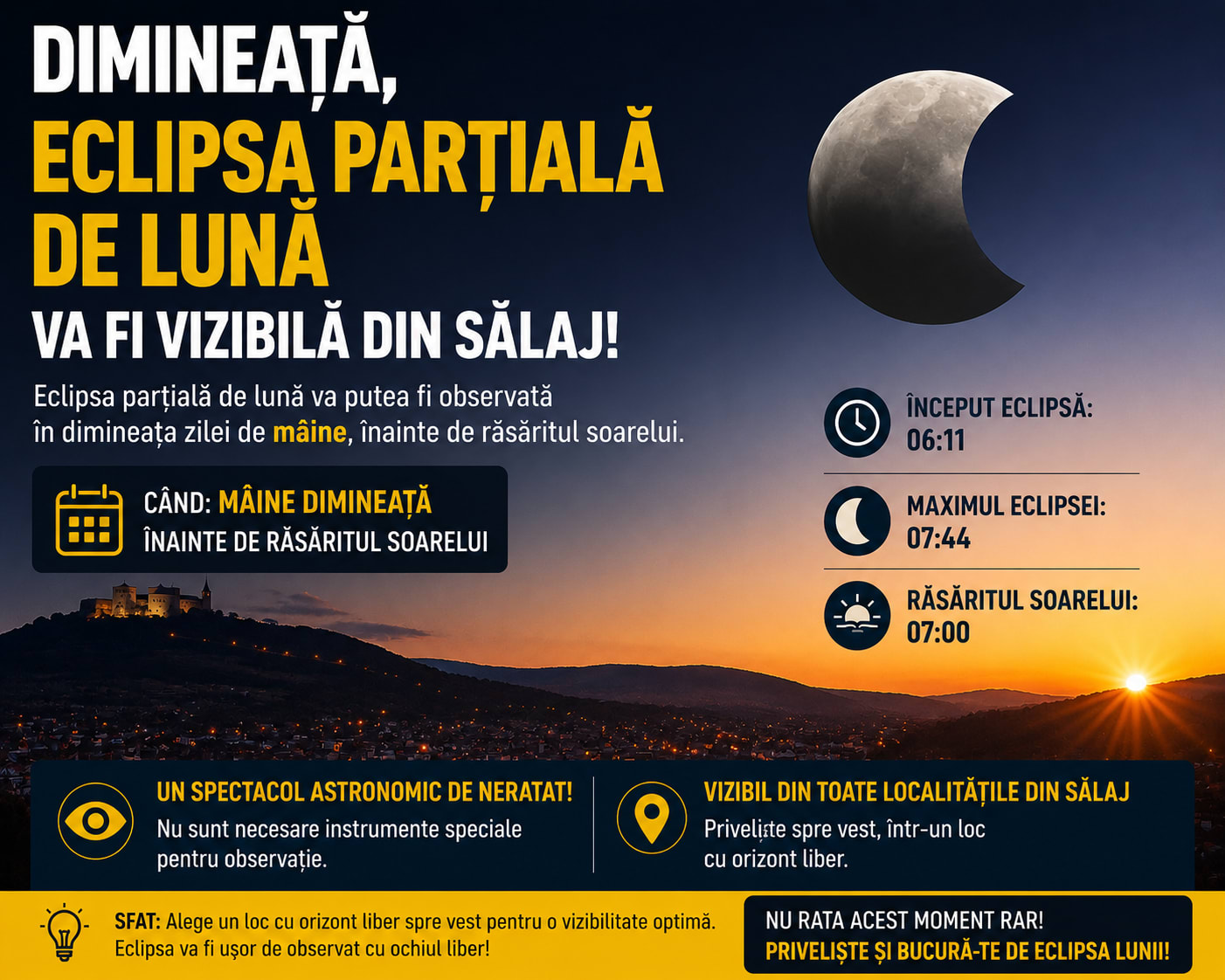 Cer senin noaptea cu eclipsa parțială de lună vizibilă din Sălaj Cer senin noaptea cu eclipsa parțială de lună vizibilă din Sălaj