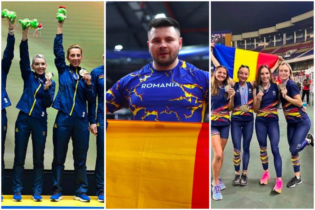 Sportivi români pe podium, medalii și steag românesc Sportivi români pe podium, medalii și steag românesc