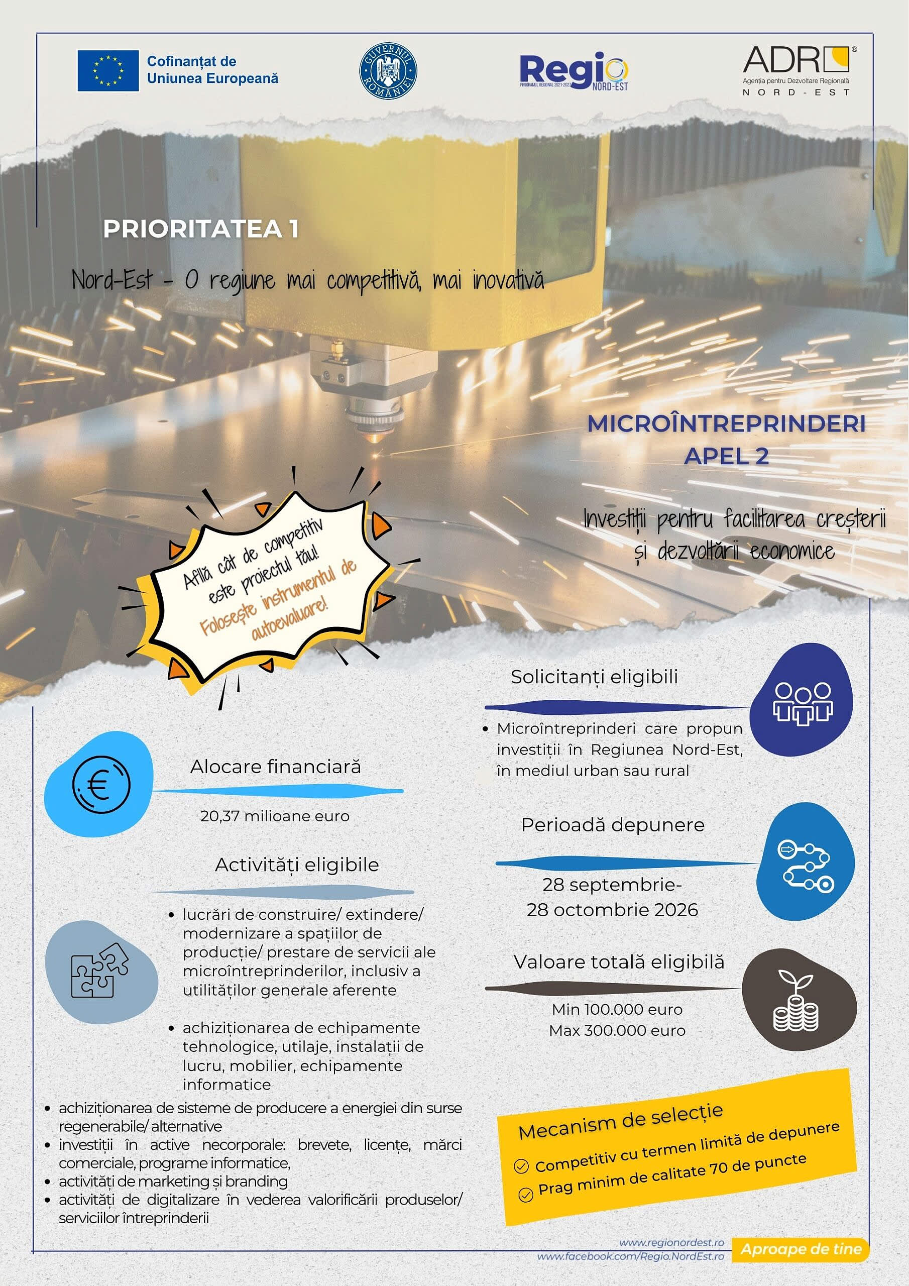 Autoritatea de Management Nord-Est a lansat apelul pentru finanțări nerambursabile până la 300.000 euro pentru microîntreprinderi