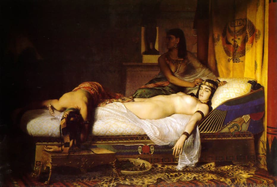 Cleopatra în mausoleu, cu o cobră la piept, simbol al regalității egiptene Cleopatra în mausoleu, cu o cobră la piept, simbol al regalității egiptene