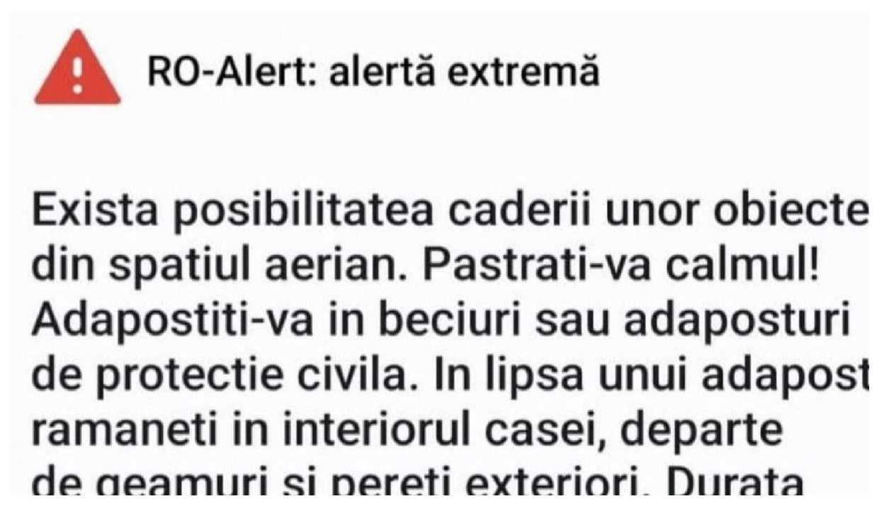 Alertă Ro-Alert în Tulcea pentru căderi de obiecte din spațiul aerian Alertă Ro-Alert în Tulcea pentru căderi de obiecte din spațiul aerian
