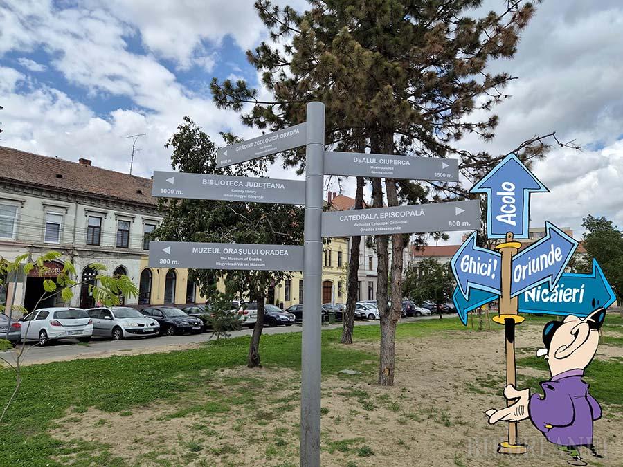 Indicator rutier greșit indicând direcția spre Muzeul Orașului Oradea Indicator rutier greșit indicând direcția spre Muzeul Orașului Oradea