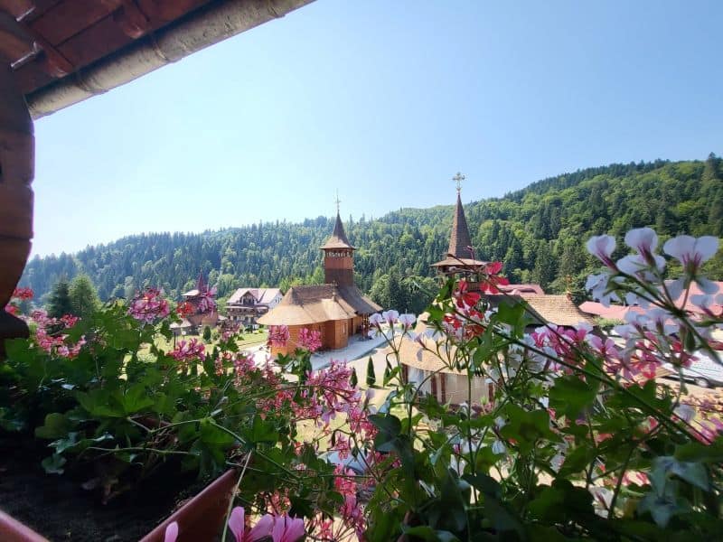 Peisaj de vară la Mănăstirea Paltin, cu natură și clădiri vechi Peisaj de vară la Mănăstirea Paltin, cu natură și clădiri vechi