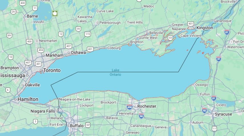 Harta cu Lacul Ontario și Lacul America, simbolic, în contextul tensiunilor geopolitice