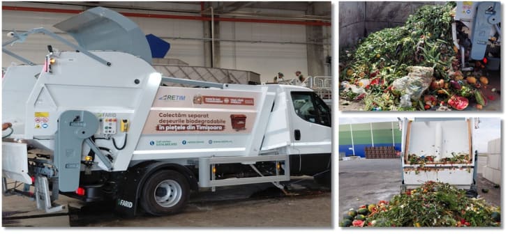 Camion RETIM colectând deșeuri biodegradabile din piață în Timișoara