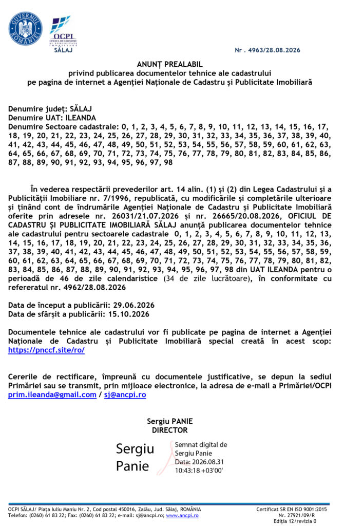 OCPI a anunțat publicarea documentelor cadastrale pentru UAT ILEANA din Sălaj