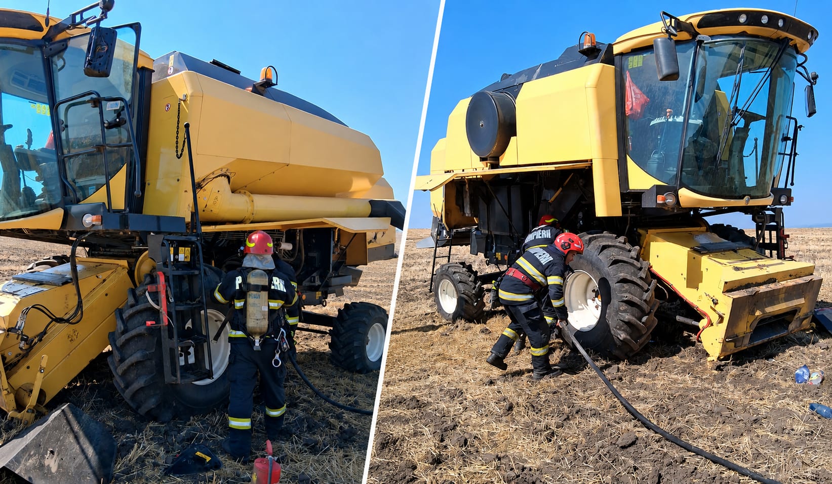 Pompieri în acțiune stingând un incendiu la o combină agricolă în Ghermănești Pompieri în acțiune stingând un incendiu la o combină agricolă în Ghermănești