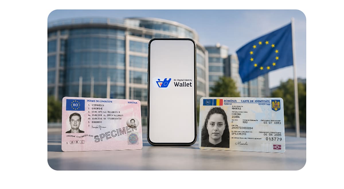 Smartphone cu aplicație RO Wallet și documente digitale pe ecran Smartphone cu aplicație RO Wallet și documente digitale pe ecran