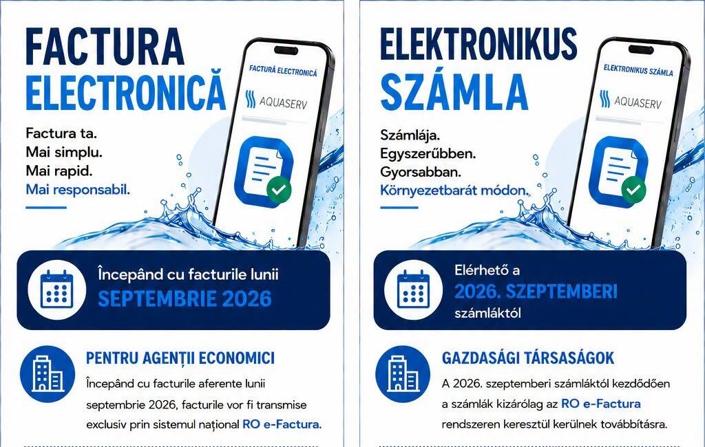 Aquaserv trece la factura electronică din septembrie 2026. Ce trebuie să știe clienții