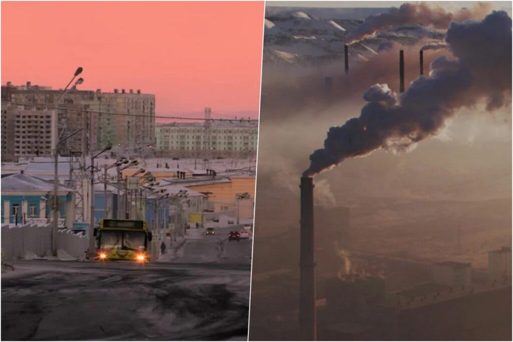 Imagine cu peisaj de iarnă în Norilsk, cu zăpadă și cer gri
