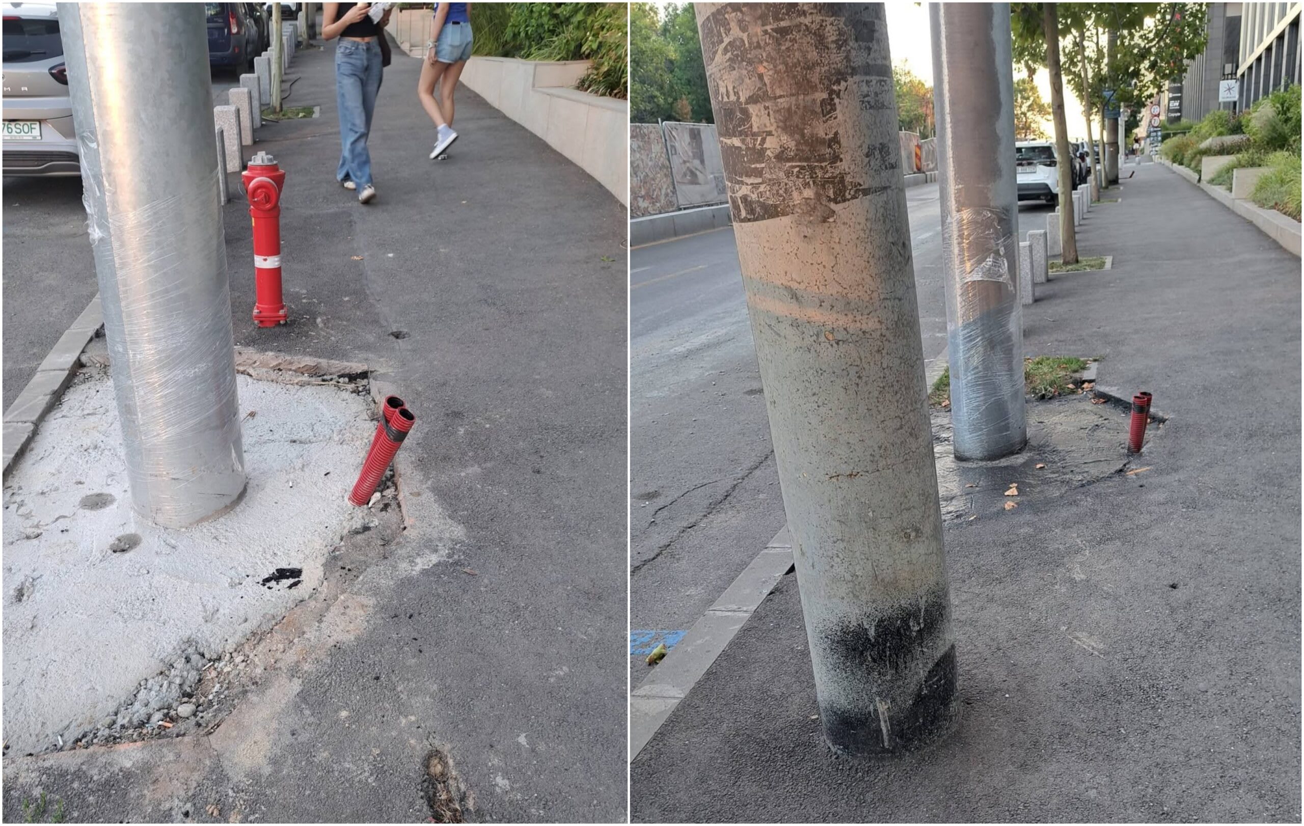 Tuburi roșii misterioase apar pe trotuarele din Tineretului