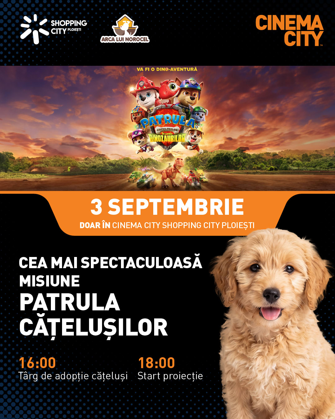 Târg de adopții pentru câini și proiecție PAW PATROL la Shopping City Ploiești