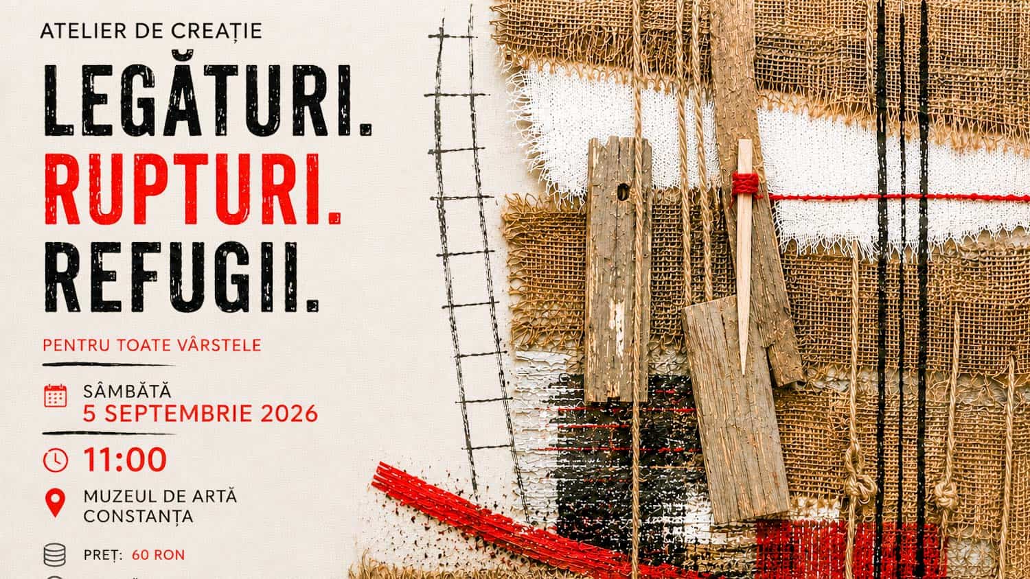 participanți la atelier de creație în muzeu, materiale textile și fire