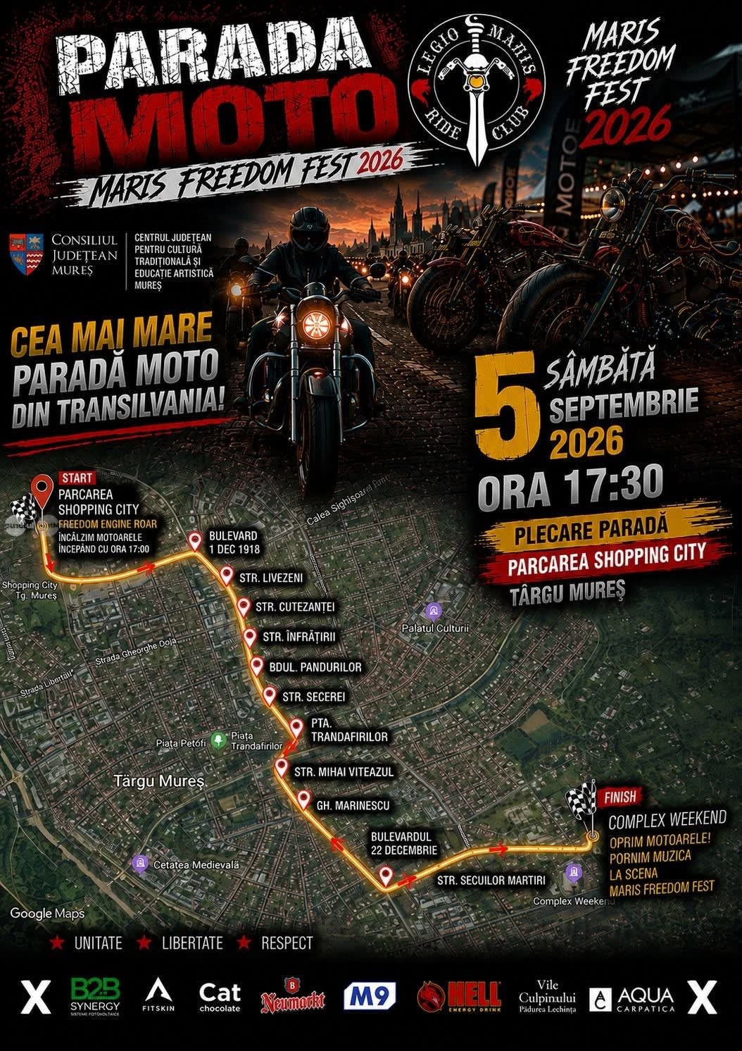 Parada Moto Maris Freedom Fest va traversa Târgu Mureșul pe 5 septembrie 2026