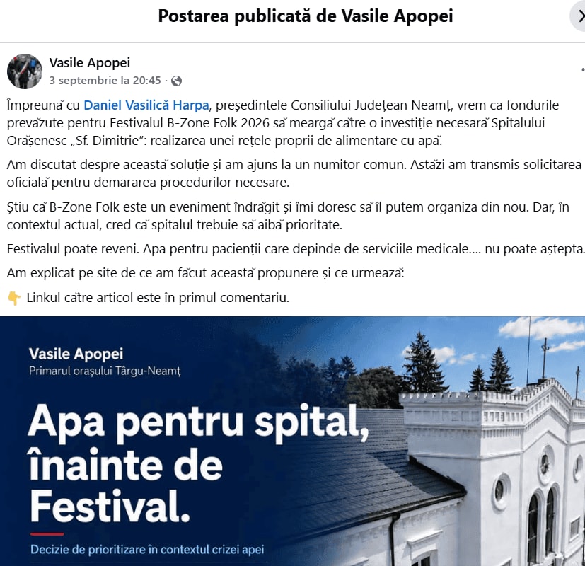 Primarul Târgu-Neamț redirecționează fonduri de la festival la apă pentru spital