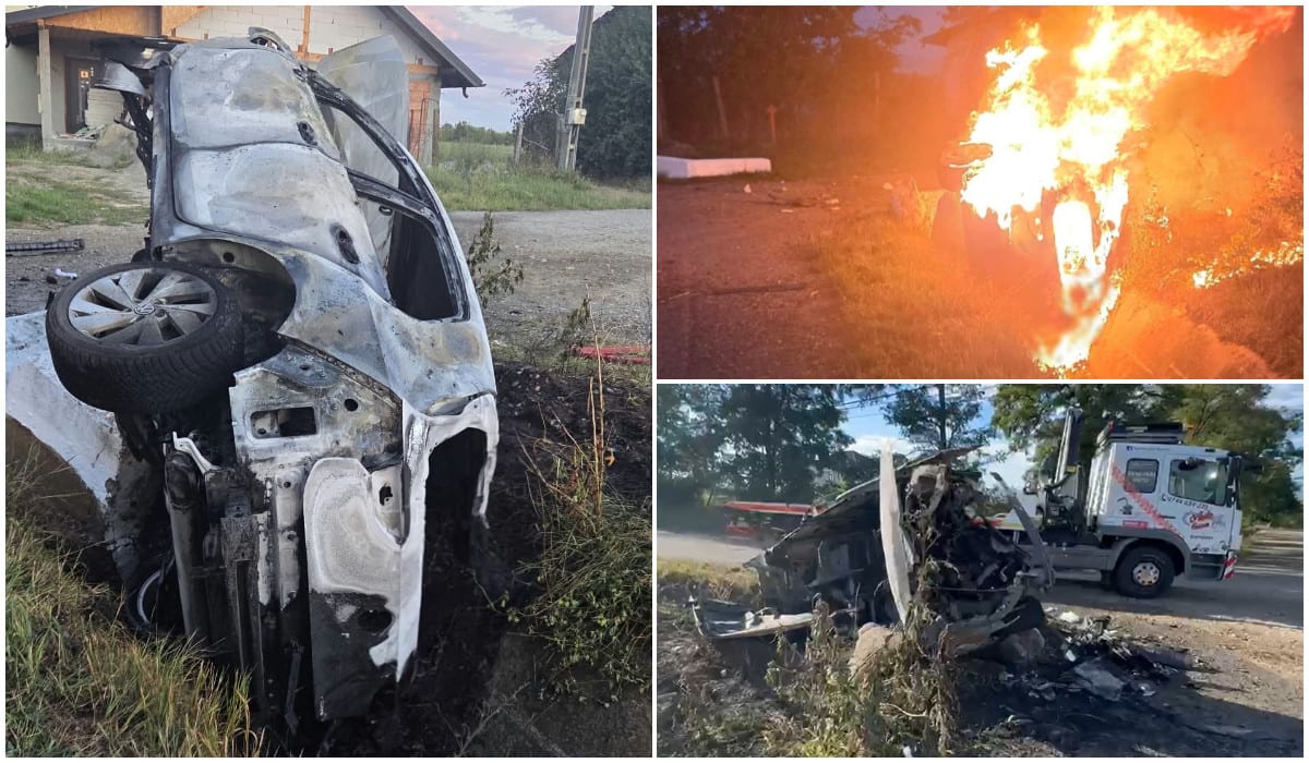 mașină arsă după accident în Suceava, tineri victime mașină arsă după accident în Suceava, tineri victime