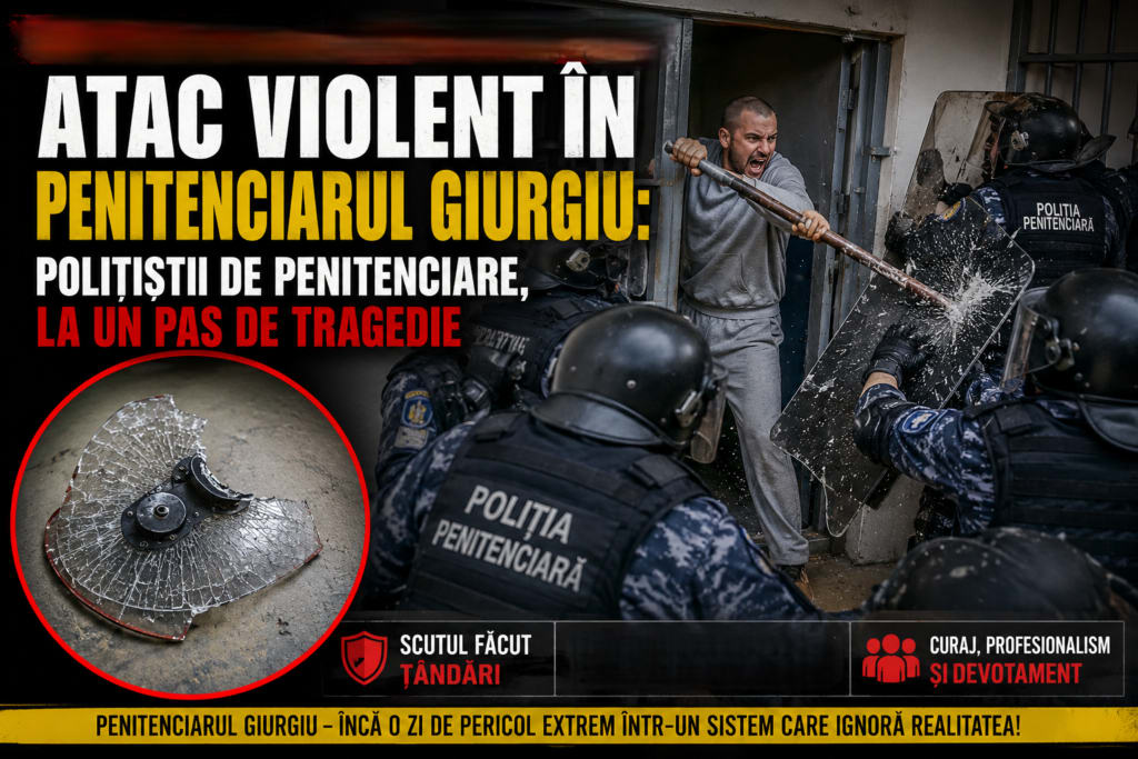 Deținut agresiv la Penitenciarul Giurgiu a distrus scutul polițiștilor cu o rangă de 1,5 metri