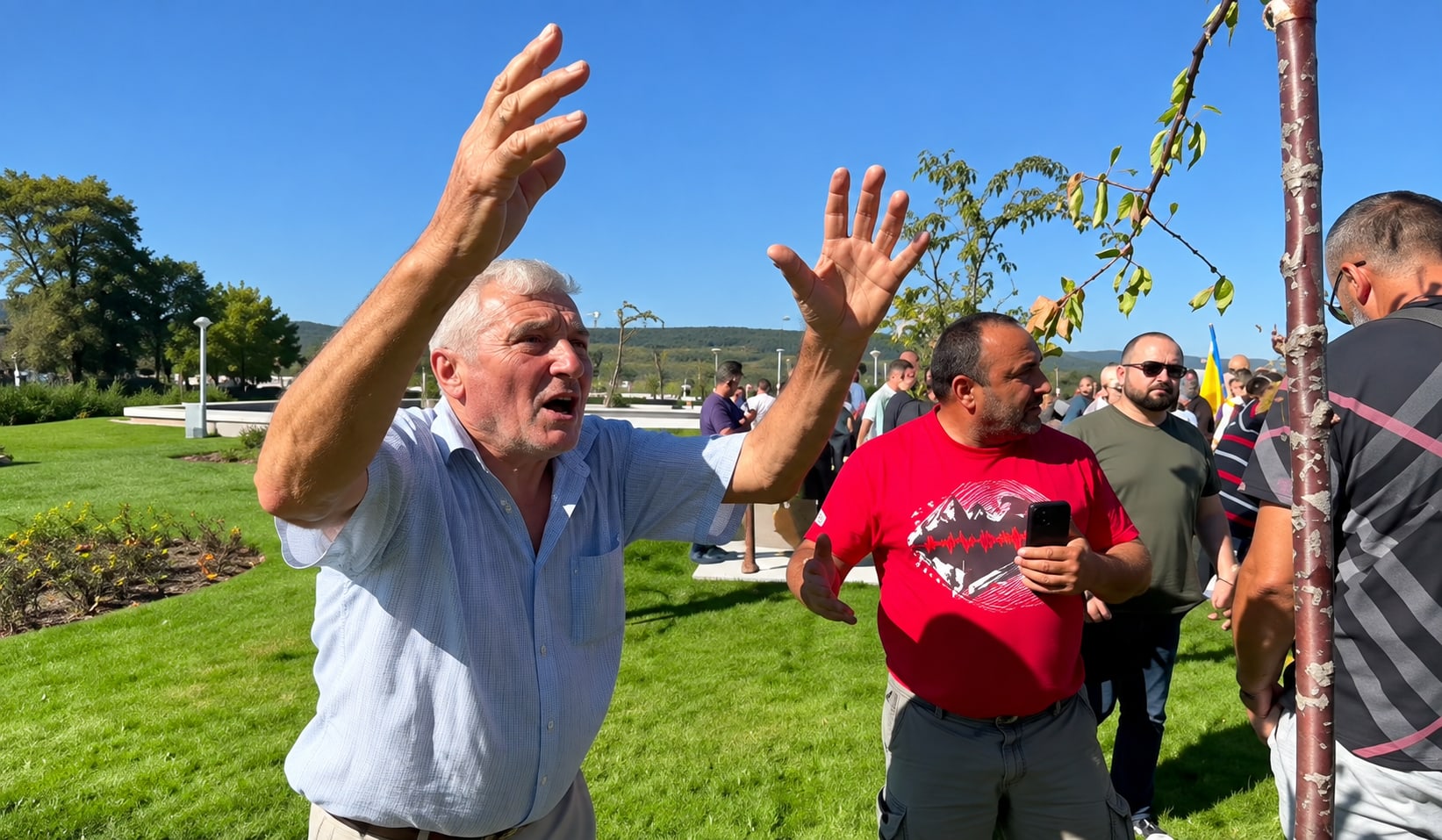 Călin Georgescu în timpul vizitei în Vaslui, susținători și protestatari Călin Georgescu în timpul vizitei în Vaslui, susținători și protestatari