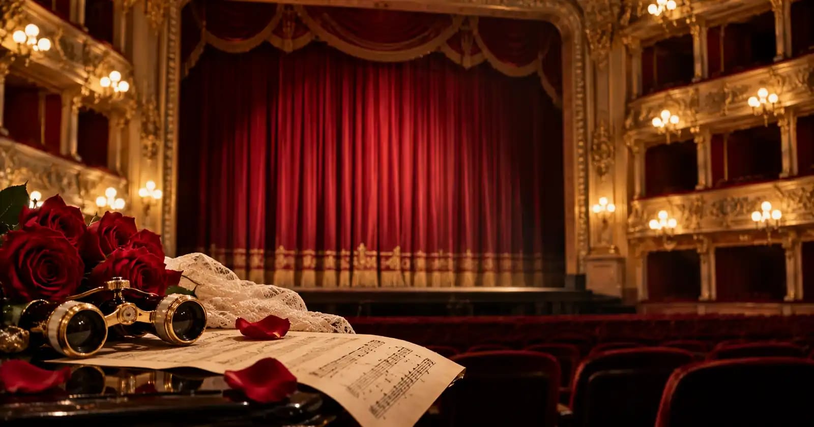 spectacol operă La Traviata, scena cu decoruri și costume