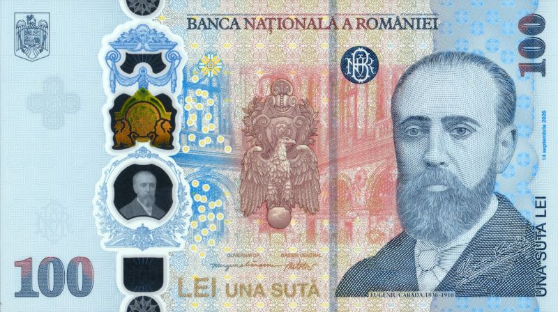 bancnotă aniversară Eugeniu Carada, suport de polimer, detaliu avers bancnotă aniversară Eugeniu Carada, suport de polimer, detaliu avers