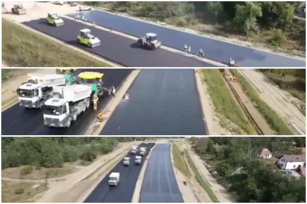 tractor asfaltând un tronson de autostradă în șantier tractor asfaltând un tronson de autostradă în șantier