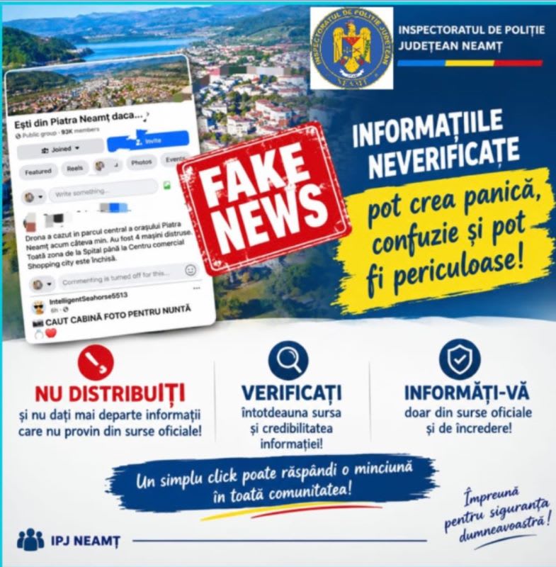 IPJ Neamț atrage atenția asupra informațiilor false după mesajul RO-ALERT