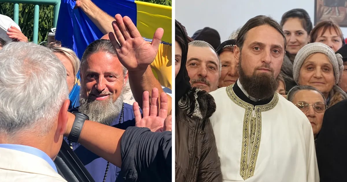 Preot în straie mov urmărind Călin Georgescu la Mănăstirea Dobrovăț Preot în straie mov urmărind Călin Georgescu la Mănăstirea Dobrovăț