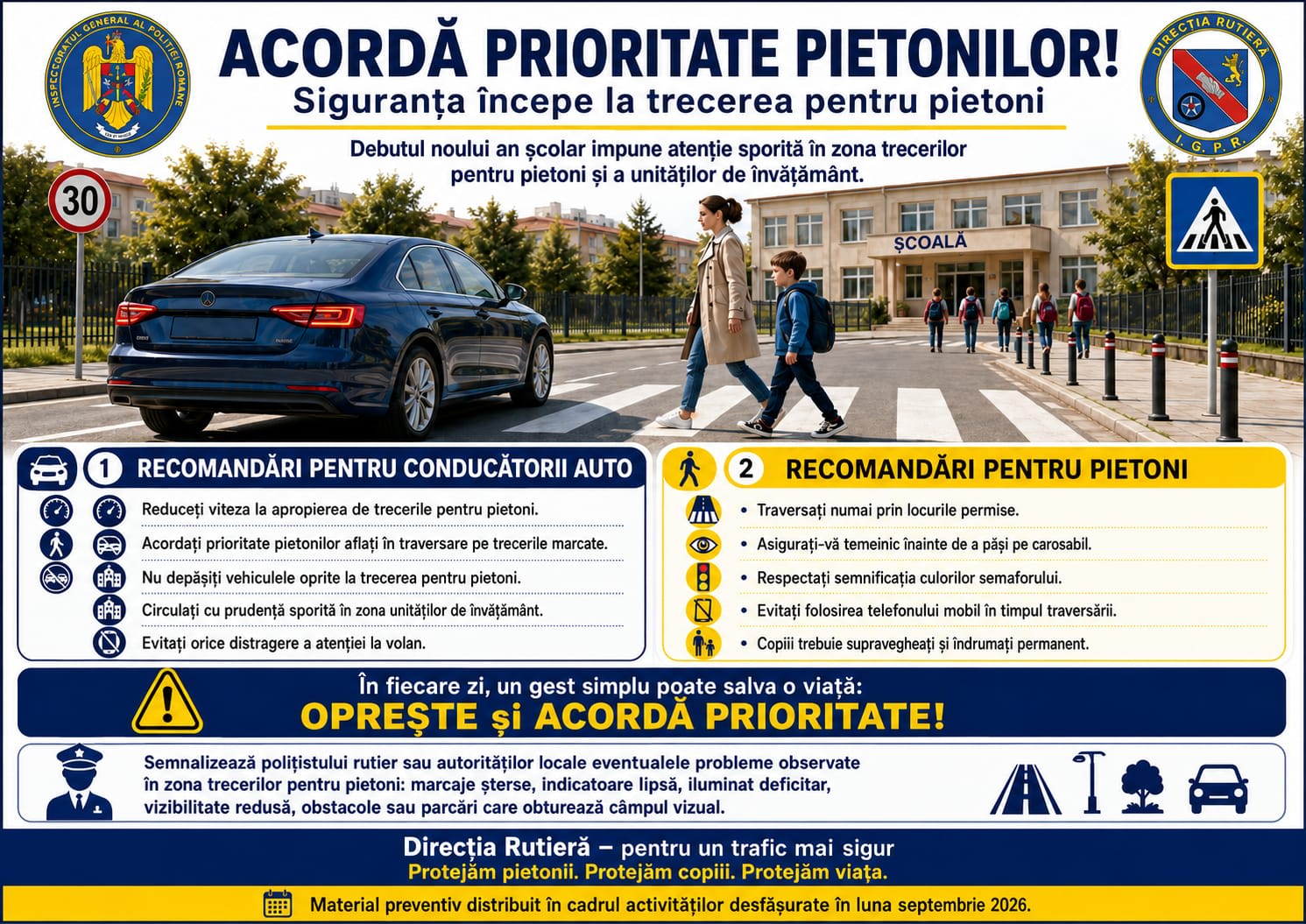 Poliția Oradea îndeamnă la prudență în zonele școlare pentru siguranța pietonilor